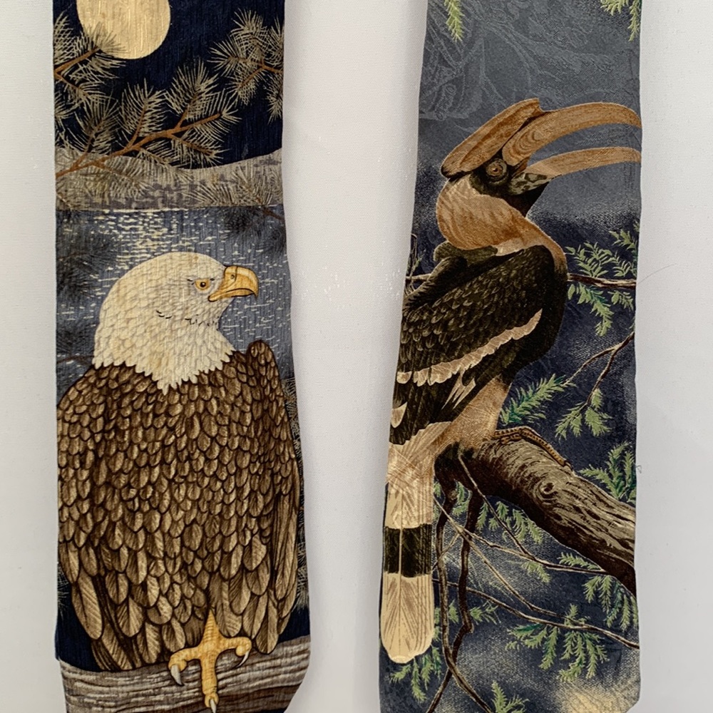 Vintage 90s Endangered Species Ties Bald Eagle Bird Hornbill Set of 2 Silk Ties